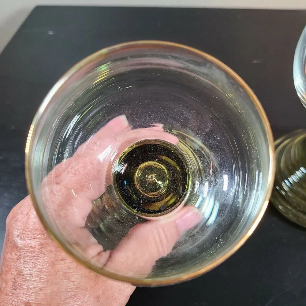 Bohemian Style Glass Goblets Handblown Beehive Base Green Gold Trim
